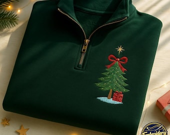 Sudadera con cremallera hasta el cuarto y bordado de árbol de Navidad: estilo navideño Coquette