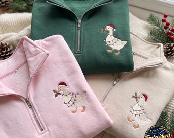 Festive Goose Christmas Embroidered Quarter Zip Sweatshirt, Holiday Duck Shirt