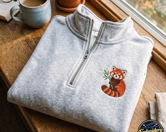 Red Panda Embroidered Quarter Zip Sweatshirt , Cute Red Panda Shirt, Bamboo Animal Pullover, Red Panda Lover Gift