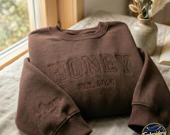 Custom Name And Year Embroidered Honey Sweatshirt, Kid on Sleeve, Grandma Gift