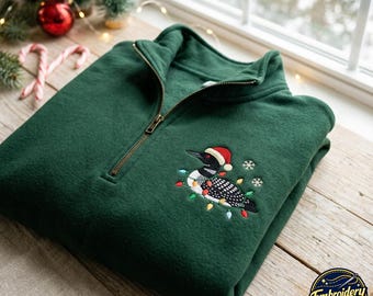 Embroidered Christmas Loons Quarter Zip Sweatshirt, Christmas Loon Pullover, Bird Watching Xmas Gift