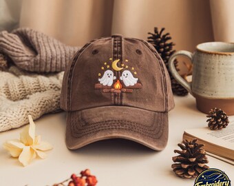 Gorra de algodón lavada con estampado de fantasmas bordados para acampar, ideal para la temporada de Halloween.