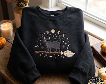 Halloween Black Cat Embroidered Sweatshirt, Celestial Witch Cat Crewneck,  Moon & Stars Cat Sweater, Halloween Magic Cat Shirt