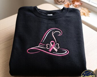 Breast Cancer Awareness Witch Hat Embroidered Sweatshirt, Pink Ribbon Halloween Shirt, Breast Cancer Survivor Gift, October Awareness Tee