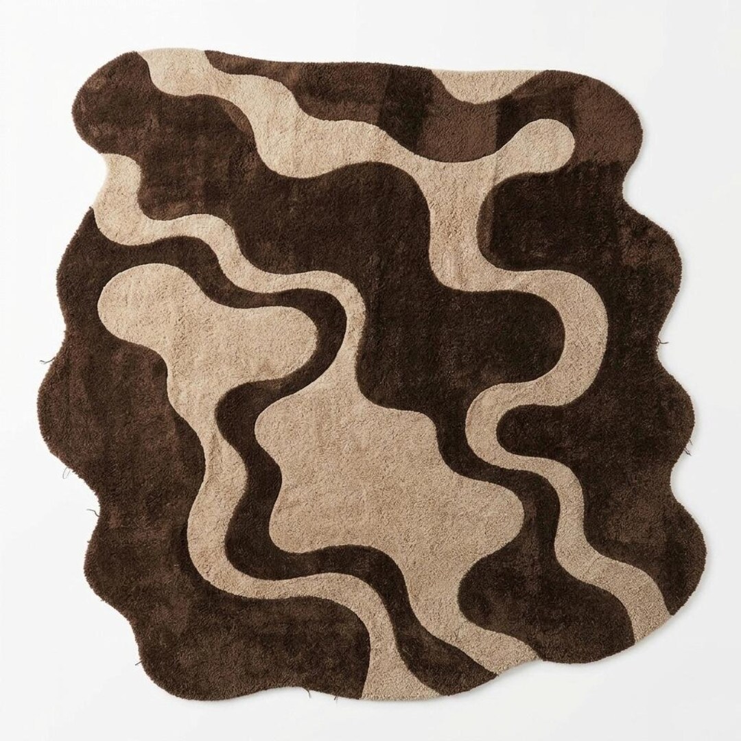 Wavy Long Rug Handmade Wavy Abstract Rug - Brown & Beige Irregular Shaped Wool Carpet ...