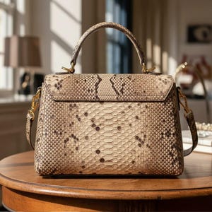 May include: A structured handbag featuring a beige and brown snakeskin pattern with a top handle and gold-toned metal hardware. The bag has a flap closure and includes side attachments for a shoulder strap, showcasing a detailed reptilian texture.