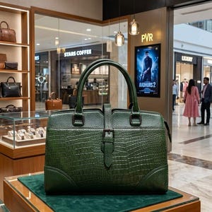 May include: A dark green structured handbag with a textured crocodile skin pattern, featuring two top handles, a central vertical strap with a buckle closure, and dark hardware, displayed on a green mat with a plaque reading L'ATELIER DU CUIR.