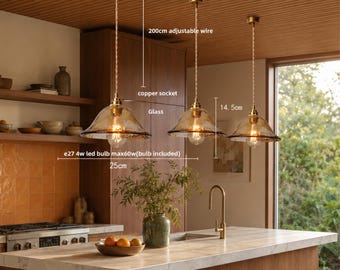 Ribbed Amber Glass Pendant Light, Nordic Modern Kitchen Island Lamp, Adjustable Hanging Fixture, Contemporary Dining Room Lighting