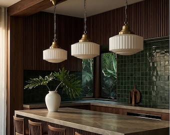 Vintage-inspired Art Deco Pendant Light, Mid Century Ribbed Opal Glass Hanging Light, Traditional Kitchen Island Lighting