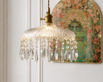 French Crystal Glass Pendant Light - Vintage Chandelier Hanging Lamp for Kitchen Island, Luxury Romantic Bedroom Lighting, Modern Home Decor