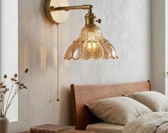 Modern Rotatable Flower Glass Wall Sconce, Elegant Copper Pull Chain Light for Hallways, Restaurants, and Nordic Interior Decor