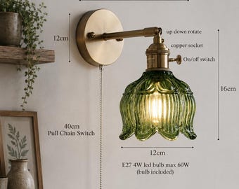 Wall Sconce Green Glass Shade | Industrial Wall Light | Pull Chain Plug In Wall Lamp | Bedroom Bathroom Vanity Light Fixture E27
