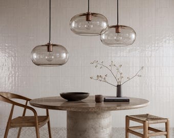 Blue Glass Pendant Light, Modern Copper Kitchen Island Hanging Lamp, Artisan Glass Ceiling Fixture for Dining Room & Bedroom