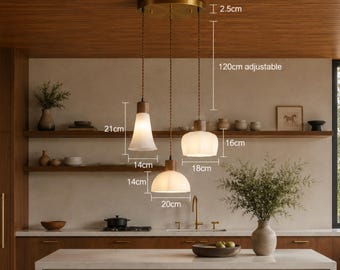 Retro Walnut and Glass Multi-Head Pendant Light for Elegant Dining & Bedroom