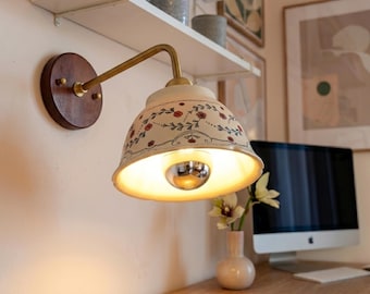 Floral Ceramic Wall Sconce | Vintage Wood Copper Wall Light | Farmhouse Bedside Lamp | E27 Pull Chain Reading Light | Bathroom Fixture