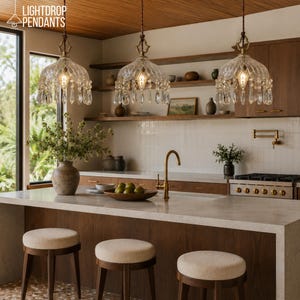 Vintage Clear Glass Pendant Light, Brass Farmhouse Hanging Lamp, Customizable Artisan Glass Fixture for Dining and Kitchen