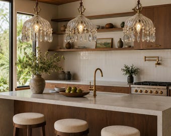 Vintage Clear Glass Pendant Light, Brass Farmhouse Hanging Lamp, Customizable Artisan Glass Fixture for Dining and Kitchen