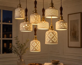 Nordic Ceramic Pendant Light | Hollowed Floral Hanging Lamp | E27 Modern Ceiling Fixture | Boho Kitchen Island Light | Bedroom Decor