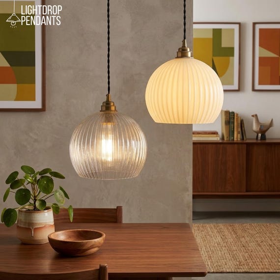 Retro Glass Pendant Light, Ribbed Glass Chandelier, Copper Hanging Lamp, Mid Century Modern Lighting, Kitchen Island Light, Art Deco Decor