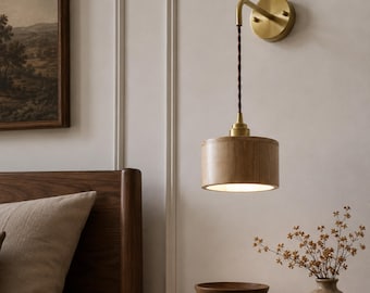 Modern Copper & Wood Ash Wall Sconce, Minimalist Plug-In Adjustable Bedside Lighting for Bedrooms, Cafes, and Hallways