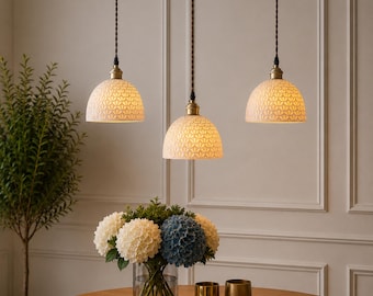 Japanese Ceramic Pendant Light - Wabi Sabi Hanging Lamp for Kitchen Island, Minimalist White Porcelain Lighting, Nordic Home Decor