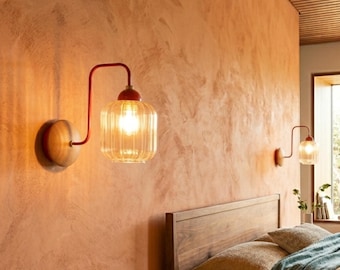 Nordic Ribbed Glass Wall Sconce, Minimalist Red & Wood Bedside Lamp, Art Deco Wall Light, Modern Bedroom Foyer Sconce