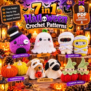 Op de afbeelding: Een digitale PDF-download met 7 Halloween-haakpatronen, waaronder een paars monster, een spook, een mummie-duo, een pompoen-duo, hondenspoken en pompoen-kabouters. De afbeelding bevat de tekst 7 in 1 Halloween Crochet Patterns.