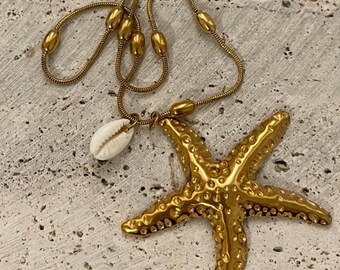 Gold Starfish Necklace • Beach Shell Pendant • Coastal Summer Jewelry