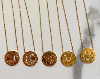 Celestial Coin Necklace Gold Sun Moon Star Eye Pendant – Spiritual Jewelry – Astrology Symbol Necklace