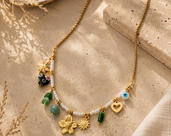 Gold Charm Necklace, Pearl Beaded Necklace, Colorful Gemstone Jewelry, Boho Summer Necklace, Evil Eye Heart Flower Charms