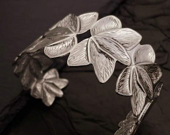 Botanical Silver Leaf Cuff Bracelet | Elegant Statement Bangle