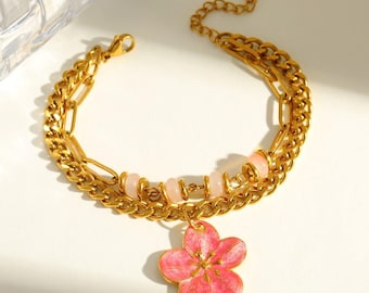 Gold Pink Flower Charm Bracelet, Layered Chain Bracelet, Floral Boho Jewelry, Pink Beaded Bracelet, Summer Jewelry, Gift for Her
