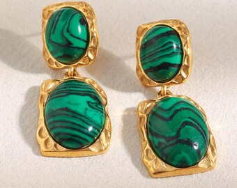 Green Malachite Gold Earrings