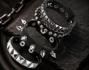 Punk Rock Leather Bracelets Set, 3 Pcs Studded Spike Cuff Wristbands for Men Women, Gothic Adjustable Wrap Bracelets for Halloween Cosplay