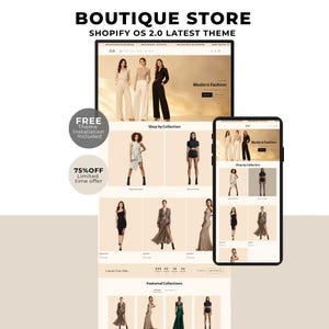 Può includere: Una visualizzazione digitale di un sito web che presenta una boutique di moda moderna. Il sito web è visualizzato su un laptop e uno smartphone, con immagini di abbigliamento e il testo "BOUTIQUE STORE" e "SHOPIFY OS 2.0 LATEST THEME".