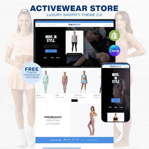 Può includere: Un mockup di sito web per un negozio di abbigliamento sportivo, che presenta un tema Shopify di lusso. Il design include un display per laptop e smartphone, con il testo "MOVE. IN STYLE." e immagini di prodotti. Il tema offre l'installazione gratuita.