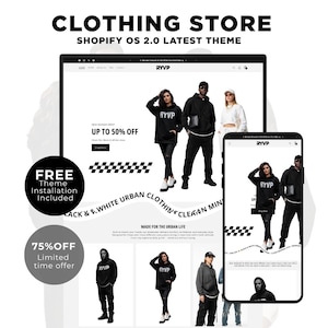May include: A website and mobile phone display a clothing store theme. The website shows models wearing black hoodies with the text "RYVP". The mobile phone also displays the clothing store. The text "CLOTHING STORE" is at the top.