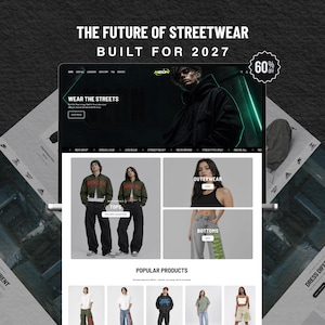May include: A digital display of a clothing website titled THE FUTURE OF STREETWEAR BUILT FOR 2027. The interface features a navigation menu, a hero section with a dark aesthetic, and product categories including tops, outerwear, and bottoms.