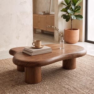 Organic Shaped Solid Walnut Coffee Table, Amorphous Wood Center Table, Japandi Style Chunky Leg Table, Minimalist Living Room Furniture