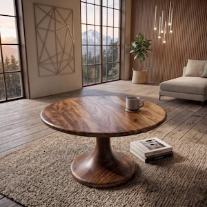 May include: A circular wooden coffee table with a pedestal base. The table has a dark wood grain and sits on a neutral rug. A mug and books are on the table. The room has large windows and a mountain view.