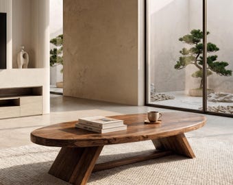 Mesa de centro ovalada moderna de nogal macizo, mesa auxiliar de madera natural hecha a mano, estilo minimalista para sala de estar.