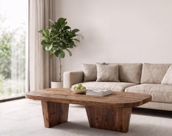 Minimalist Rounded Coffee Table - Organic Shape Solid Wood Center Table - Japandi Living Room Furniture