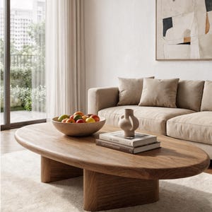 May include: An oval coffee table made of solid wood with a light brown finish. A wooden bowl filled with fruit, a decorative vase, and books are on the table. A beige sofa and abstract art are in the background.