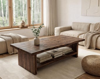Mesa de centro rústica de madera maciza con borde natural - Mesa de centro de nogal a medida con estante - Decoración de nogal natural