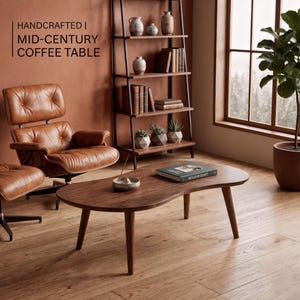 Salontafel in mid-century modern design, handgemaakte salontafel met organische vorm, kleine minimalistische salontafel, retro minimalistische woonkamerdecoratie