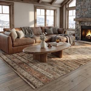May include: A comfortable living room with a brown leather sectional sofa, a wooden oval coffee table, and a patterned rug. A stone fireplace with a burning fire adds warmth. The room has large windows with a snowy mountain view.