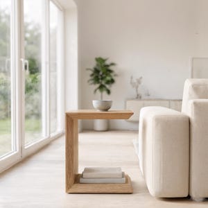 Solid Wood C Table, Walnut Sofa Side Table, Minimalist Couch End Table, Oak Laptop Stand, Japandi Wooden Nightstand, Over Bed Table