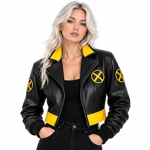 X-Men Inspired Black Yellow Leather Jacket, Cropped Biker Jacket, Women’s Cosplay Jacket, Custom Costume, Superhero Gift