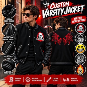 Halloween Death Skull Embroidered Varsity Jacket, Gothic Bomber, Custom Letterman Jacket