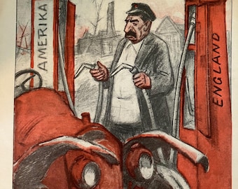 WWII Stalin Cartoon “Exhausted Sources” 1942 Simplicissimus German Political Print America England Oil Satire